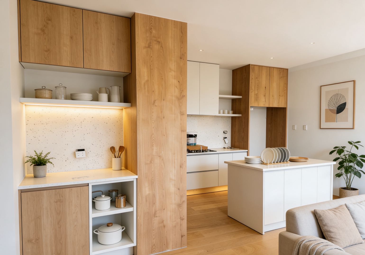 Custom kitchen cabinetry with warm timber tones